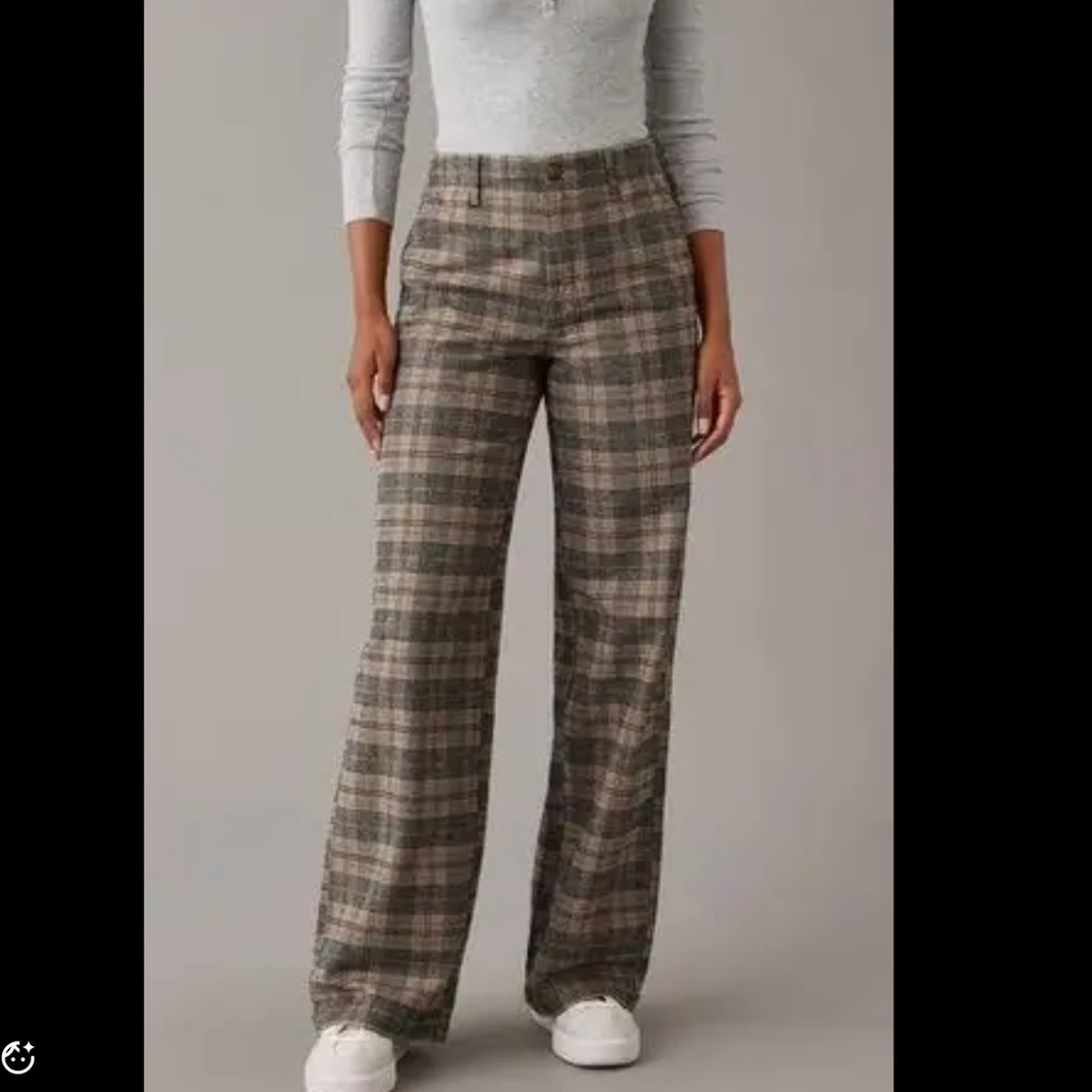 American Eagle Plaid Super Hi Rise Baggy Wide Leg Pants Trouser size 8 short.